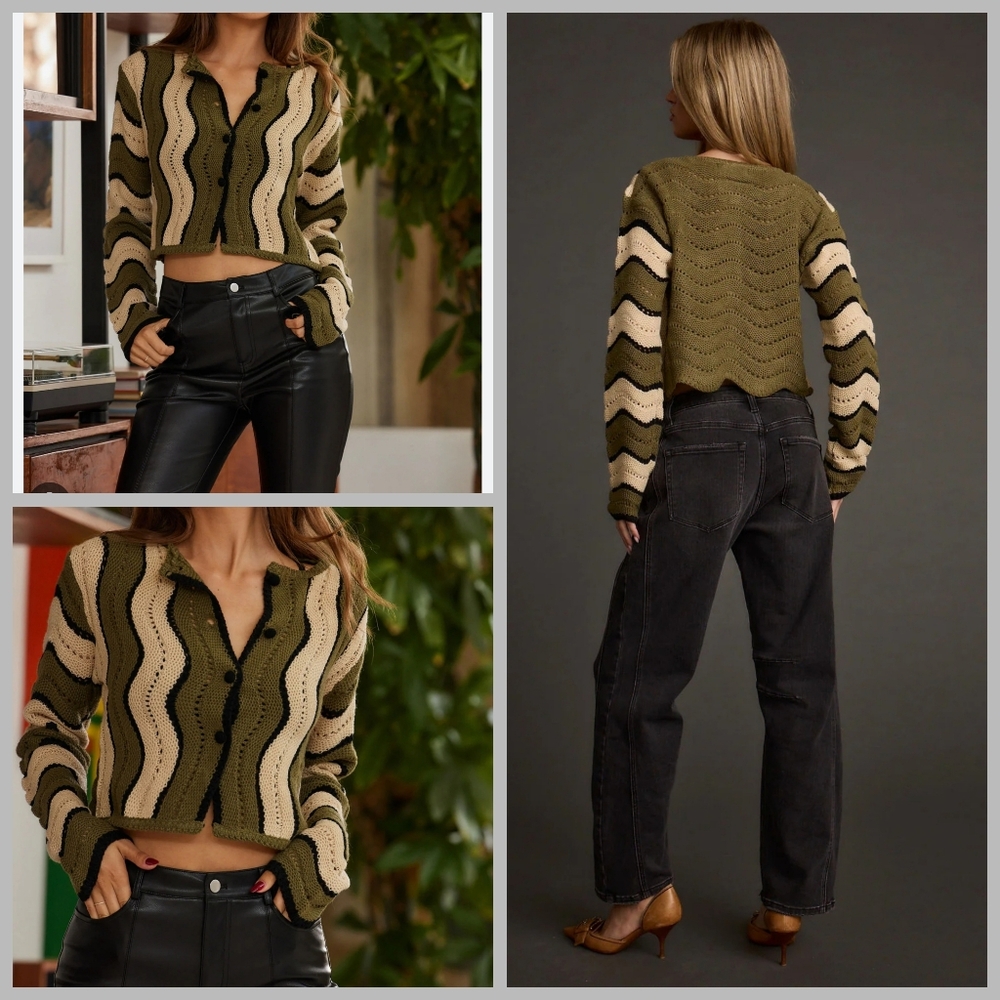 12th Tribe Nikki Retro Print Olive Cardigan Crop Knit Preppy Bell Long Sleeves L